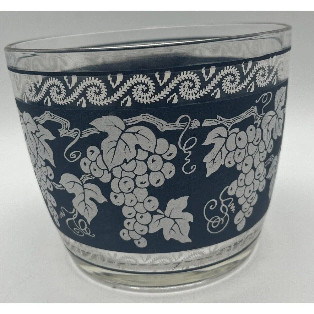 Vintage Hazel Atlas Glass Ice Bucket, Blue With White Grapevine Pattern